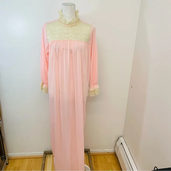 Vintage Nylon Long Nightgown Small  Pink  Lace High Neck Ruffle Sleeve Modest - Picture 1 of 12